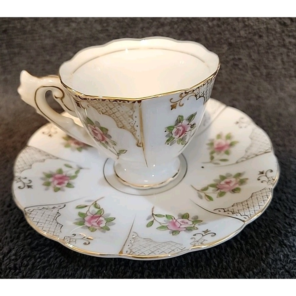 Vintage Ucagco China Teacup and Saucer Hand Painted Floral Occupied Japan
